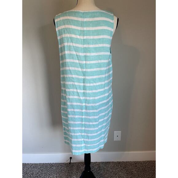 Sigrid Olsen 100% Linen Shift Dress Teal White Stripe Pockets Sleeveless Medium - Picture 5 of 10